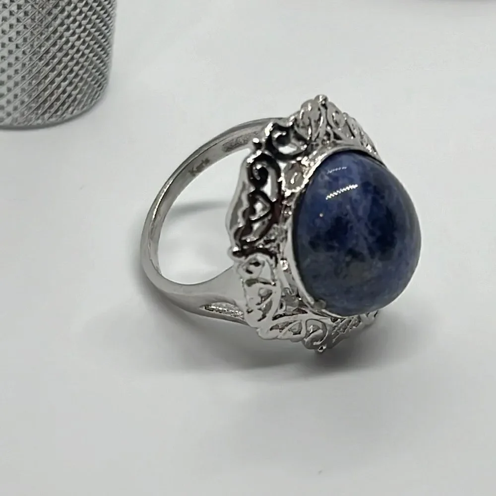 Beautiful Vintage Silver Ring With Blue Marbled Stone